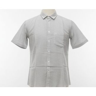 Gray striped short sleeve cotton button-down shirt on mannequin