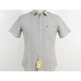 Close-up of a gray and white vertically striped short sleeve button-up shirt