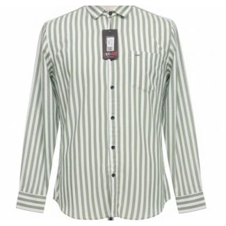 Green and white striped cotton shirt with a collared neckline and long sleeves.