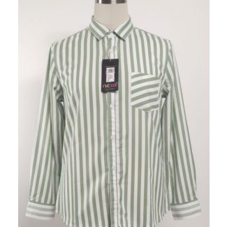 Green and white striped cotton shirt with long sleeves and a pocket on a mannequin