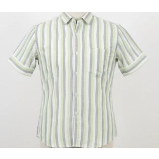 Man's short sleeve shirt with vertical stripes in green, gray, and white, featuring a collared neckline and cuffed sleeves