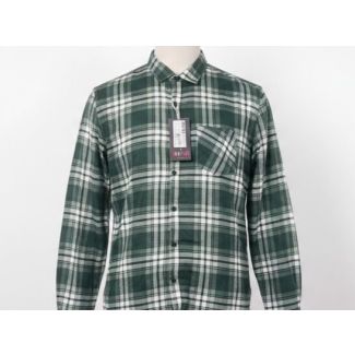 Green plaid button-up shirt with long sleeves and a collared neckline on a mannequin