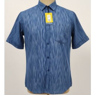 Indigo blue textured short-sleeve shirt with a classic collar and button-down front