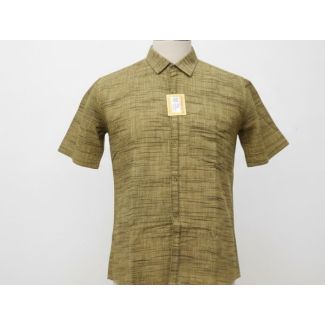 Close-up of an earthy khaki short-sleeve collared button-up shirt with a horizontal slub weave texture.