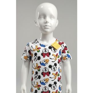 White kids short sleeve t-shirt with multicolored all-over cartoon character print