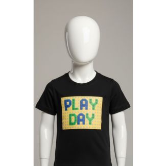 Black cotton t-shirt for kids with 'PLAY DAY' graphic print