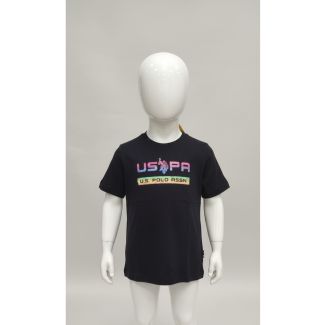Black kids short sleeve cotton T-shirt with multi-color USPA logo print