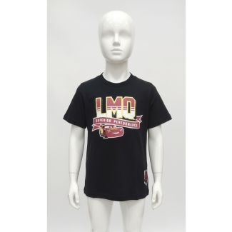 Kids black cotton t-shirt with 'LMO Superior Performance' Cars graphic and short sleeves.