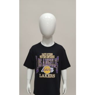Black kids short sleeve t-shirt with purple and gold Los Angeles Lakers graphic print