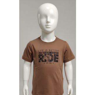 Kids brown cotton t-shirt with "Life is Better When You Ride" graphic print