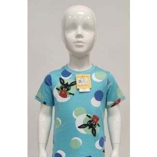 Sky blue short sleeve kids t-shirt featuring Bing character print and multi-color polka dots, displayed on a mannequin in India.