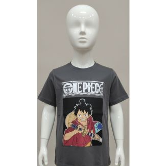 Kids dark grey cotton t-shirt with large One Piece Luffy graphic on a mannequin