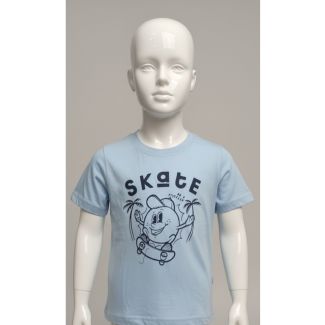 Light blue kids t-shirt with cartoon skate graphic and short sleeves