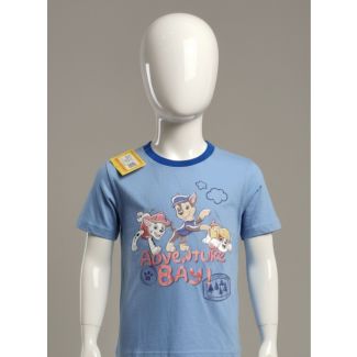 Light blue kids short sleeve cotton T-shirt with blue ringer neck displayed on a mannequin.