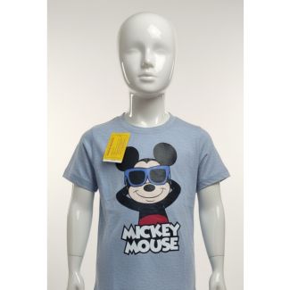 Kids light blue marl cotton t-shirt with Mickey Mouse graphic and sunglasses on mannequin