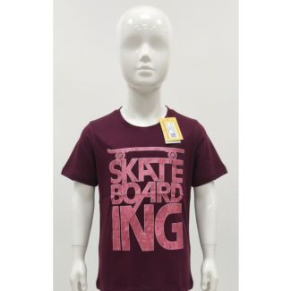 Maroon short sleeve kids t-shirt with pink skateboarding text print on a mannequin