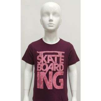 Child's maroon cotton t-shirt with large pink 'SKATEBOARDING' text graphic on a white mannequin.