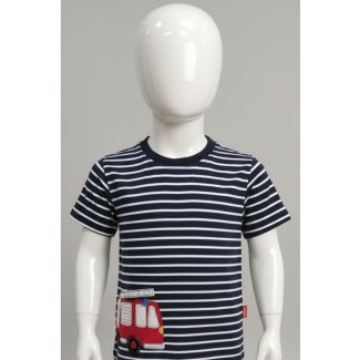 Navy blue and white striped cotton kids t-shirt with fire truck appliqué