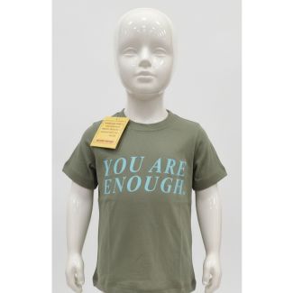 Kids olive green cotton t-shirt with 'You Are Enough' text, India