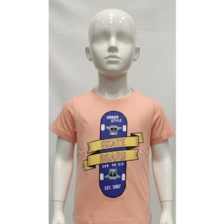 Peach kids cotton t-shirt with a large blue and yellow skateboard graphic on a mannequin
