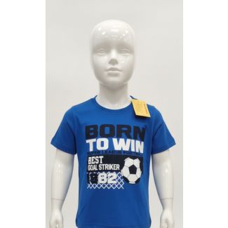 Kids royal blue cotton t-shirt with 'Born to Win' football striker graphic on a mannequin