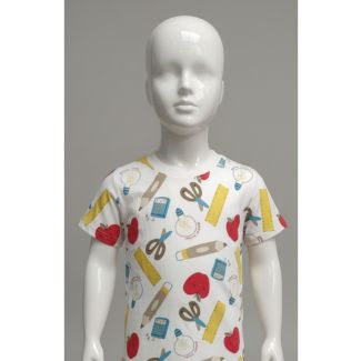 White kids t-shirt with school supplies print, short sleeves