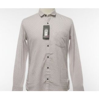 Close-up of a light beige men's shirt with a dark micro-dot pattern on a mannequin.