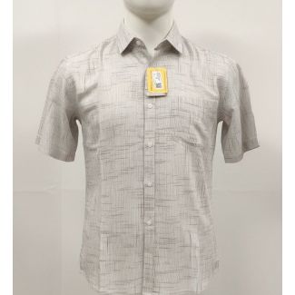 Light beige short-sleeve collared shirt with a thin abstract line pattern on a mannequin.