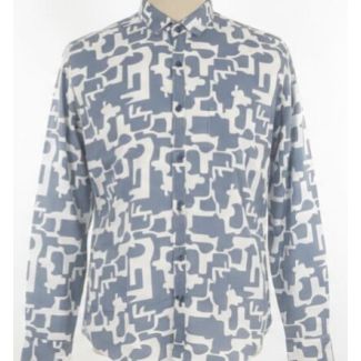 Light blue cotton shirt with white geometric print and long sleeves