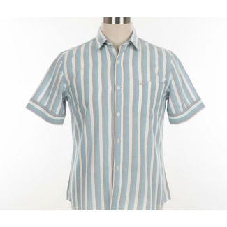 Close-up of a light blue and gray striped short sleeve shirt with a classic collar on a white background.