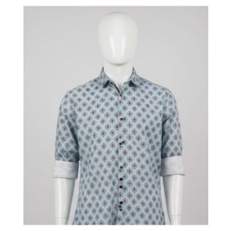 Light blue men's patterned cotton shirt with 3/4 rolled sleeves on a mannequin