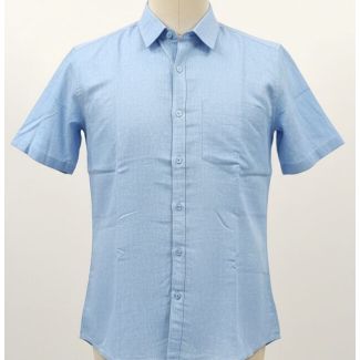 Light blue short sleeve button-down shirt with a classic collar and a pocket on the chest.