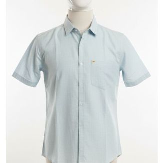 Light blue short sleeve cotton shirt with a collar, button-up front, and chest pocket.