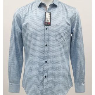 Light blue men's long-sleeve collared shirt with small repeating blue pattern
