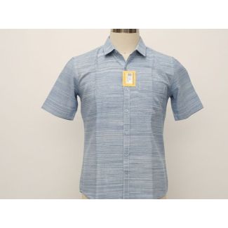 Light blue textured short sleeve collared button-down shirt on a mannequin.