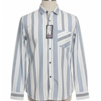 Men's long sleeve button-up shirt with blue, white, and gray vertical stripes on a mannequin.