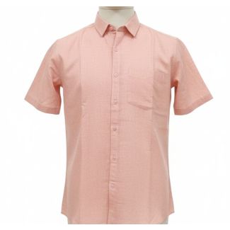 Light coral short-sleeved button-down shirt with classic collar and a pocket