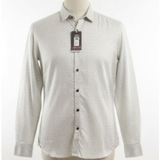 Light gray tailored shirt on mannequin with geometric print and black buttons
