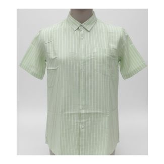 Light green and white striped cotton men's shirt with short sleeves and two chest pockets