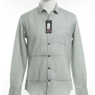 Light green micro-patterned woven dress shirt on a mannequin with full sleeves.