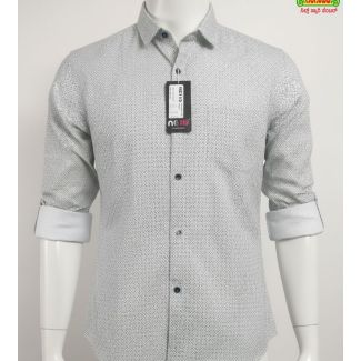 Light grey men's shirt with geometric lattice print and contrast dark buttons.