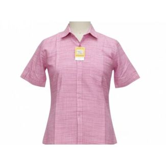 Light pink short-sleeved button-down shirt with a classic collar and a subtle textured pattern.
