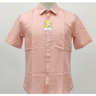 Light salmon pink solid cotton short sleeve collared shirt displayed on mannequin.