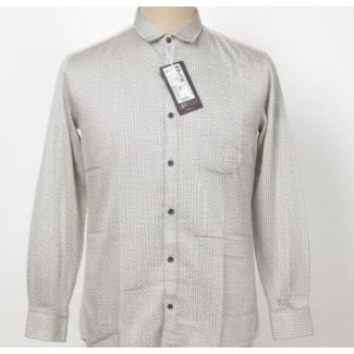 Light taupe woven shirt with micro geometric pattern, full sleeves, and structured collar.