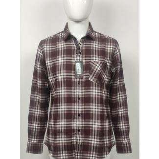 Maroon and white plaid flannel shirt with a collared neckline and chest pocket.