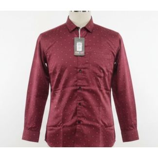 Maroon cotton shirt with light colored dots, long sleeves, button down