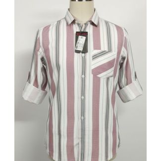 Men's casual striped cotton shirt in mauve, white, and grey with roll-up sleeves.