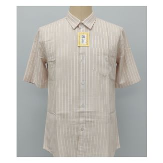 Men's beige and white striped cotton short sleeve shirt