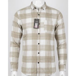 Mens Beige White Plaid Cotton Slim Fit Full Sleeve Shirt for Men India