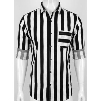 Mens Black and White Striped Slimfit Cotton Casual Shirt India